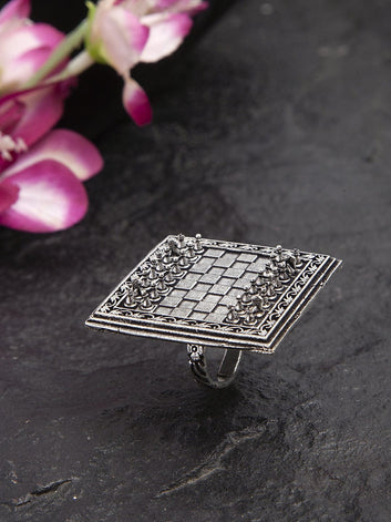 Chess Design Oxidised Silver Plated Handcrafted Brass Finger Ring