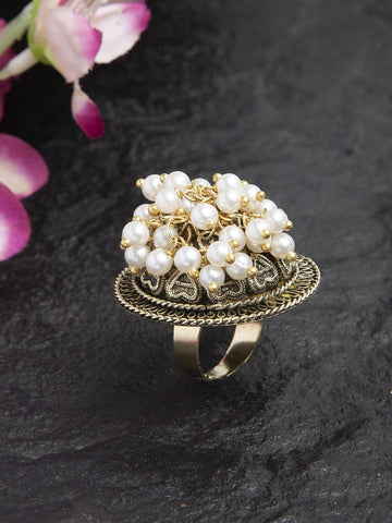 Pearls Studded Oxidised Gold Plated Temple Design Handcrafted Finger Ring