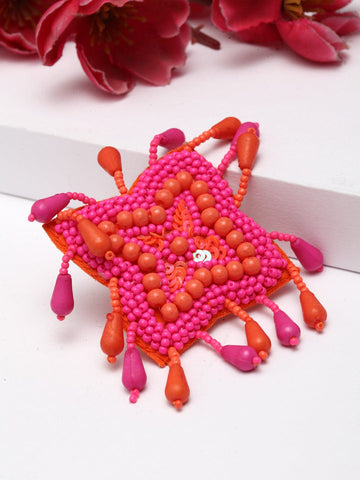 Pink & Orange Pearls and Sequins Studded Handcrafted Adjustable Finger Ring