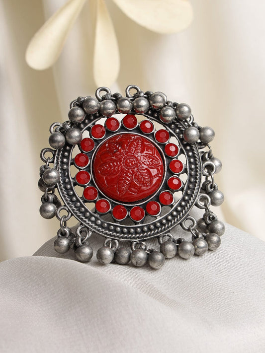 Silver-Plated & Red Agate & Gunghroo Studded Filgree Work Oxidised Finger Ring