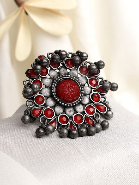 Silver-Plated Red Oxidised Adjustable Finger Ring