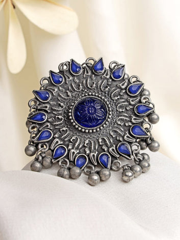 Silver-Plated Blue Agate Studded Filgree Work Oxidised Finger Ring