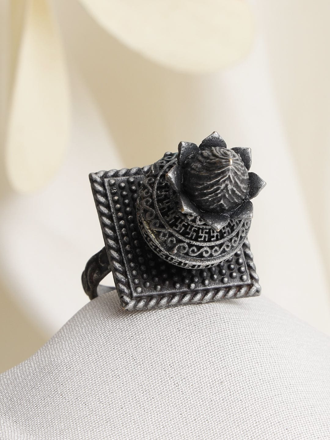 Silver-Plated Metallic Temple Design Oxidised Antique Finger Ring