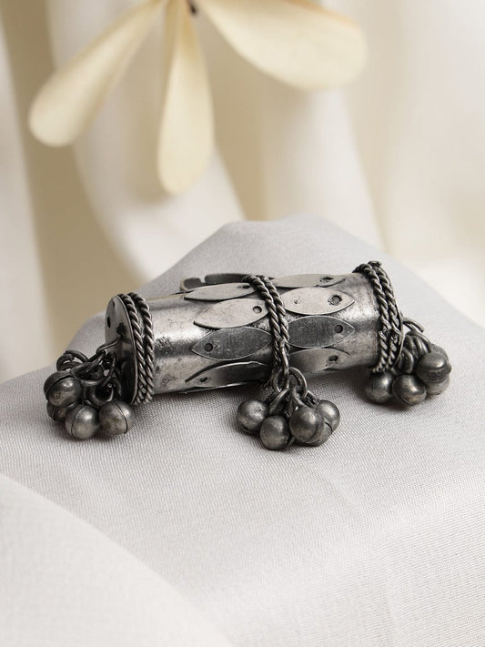 Silver-Plated & Artificial Stones Studded Oxidised Adjustable Finger Ring