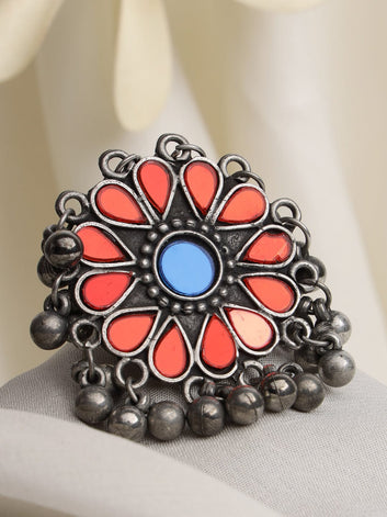 Silver-Plated Red Mirror Studded Antique Afghan Design Finger Ring