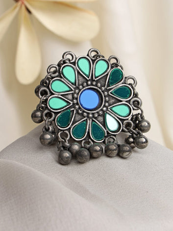 Silver-Plated & Sea Green Mirror Studded Adjustable Finger Ring