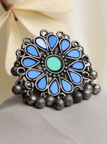 Oxidised Silver-Plated Blue Mirror Studded & Gunghroo Studded Finger Ring