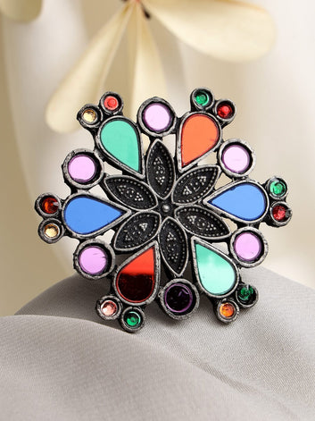 Women Oxidized Silver Plated Multi Colored Crystals Adjustable Finger Ring