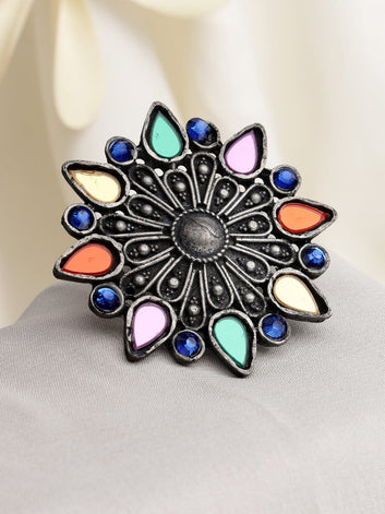 Silver-Plated Crystals & Mirror Studded Afghan Design Finger Ring