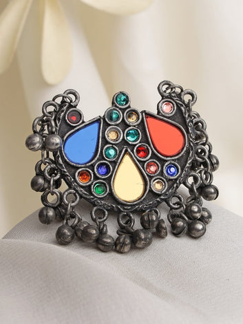Oxidised Silver-Plated Blue & Orange Colored Mirror Studded & Gunghroo Studded Finger Ring