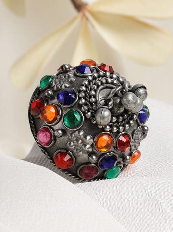 Silver-Plated & Ghungroo Studded Afghan Design Finger Ring