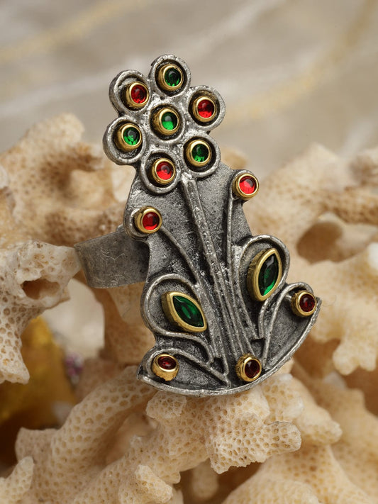 Crystal-Studded Antique Tribal Design Oxidised Finger Ring