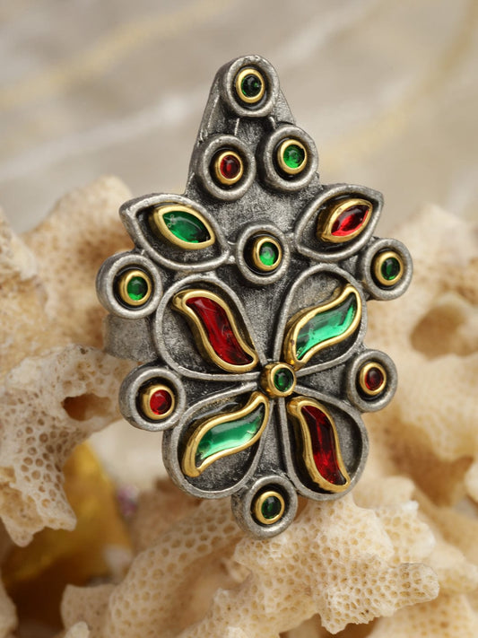 Crystal-Studded Antique Tribal Design Oxidised Finger Ring