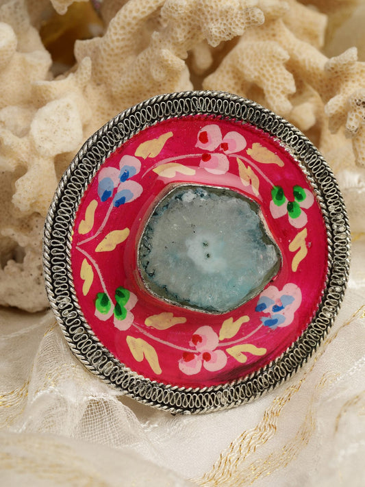 Agate-Studded Hand Painted Floral Meenakari Oxidised Finger Ring