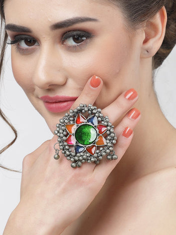 Ghungroo-Studded Antique Tribal Design Oxidised Finger Ring