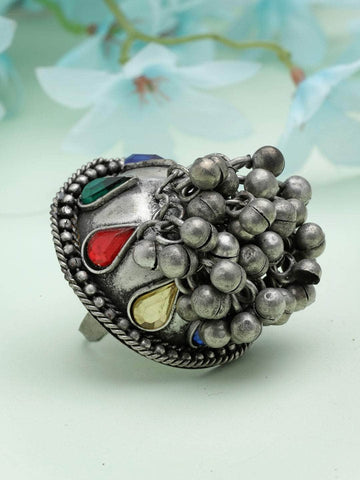 Stones & Ghungroo Studded Antique Design Oxidised Silver Plated Finger Ring