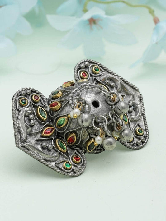 Stones Studded Antique Design Handcrafted Oxidised Silver Plated Finger Ring