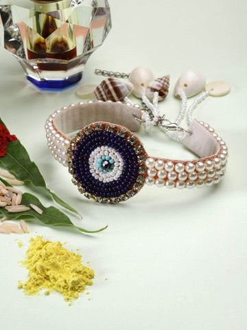 Handcrafted Evil Eye Pearl Studded Bracelet Rakhi with Roli-Chawal