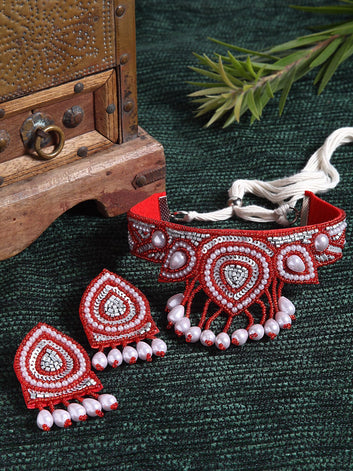 Red & White Pearl Beaded Handcrafted Jewellery Set