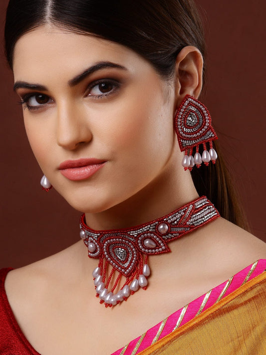 Red & White Pearl Beaded Handcrafted Jewellery Set