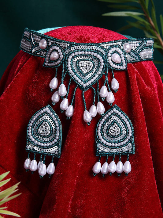 Teal Blue & White Pearl Studded Handcrafted Jewellery Set