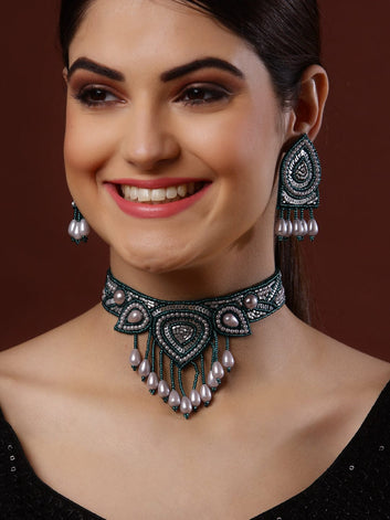 Teal Blue & White Pearl Studded Handcrafted Jewellery Set