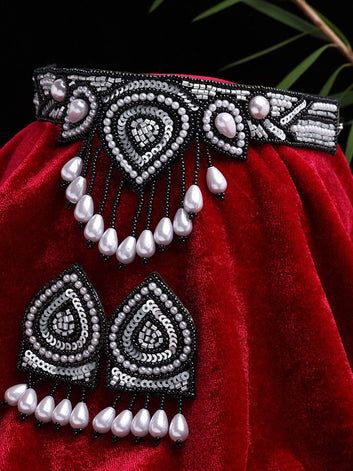 White & Black Pearls Beaded & Sequin Studded Handcrafted Jewellery Set