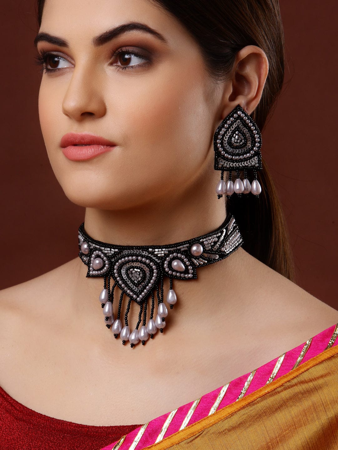 White & Black Pearls Beaded & Sequin Studded Handcrafted Jewellery Set