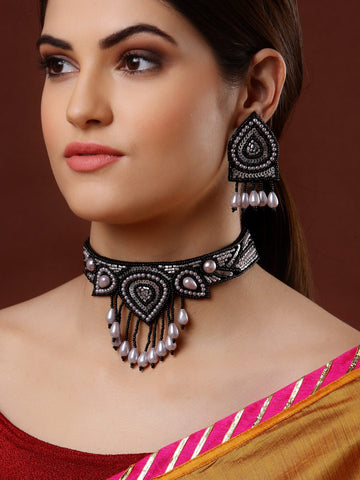 White & Black Pearls Beaded & Sequin Studded Handcrafted Jewellery Set