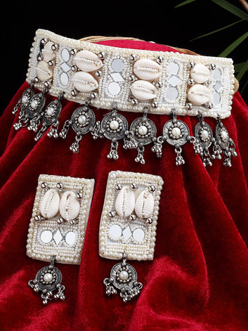 Off White Mirrors & Cowri Studded Tasselled Design Handcrafted Jewellery Set