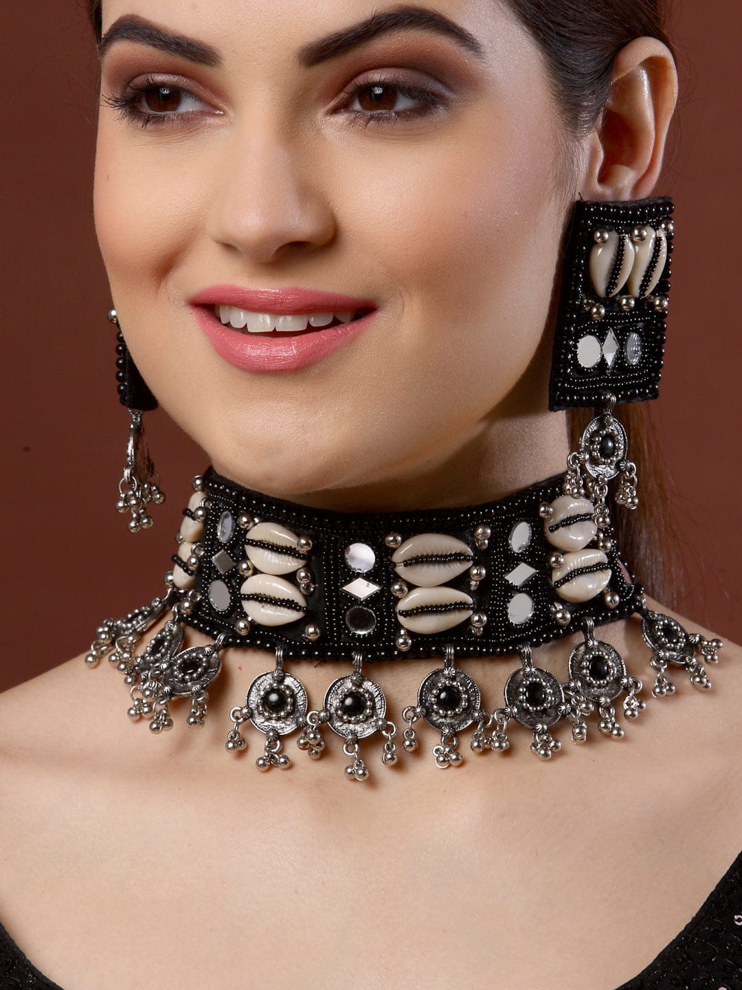 Black & White Mirrors & Cowri Studded Tasselled Design Handcrafted Jewellery Set