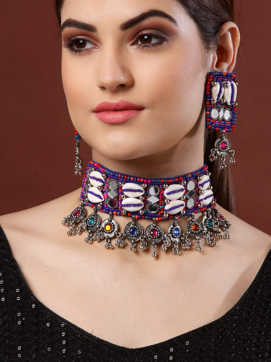 White & Blue Mirrors & Cowri Studded Beads Tasselled  Handcrafted Jewellery Set