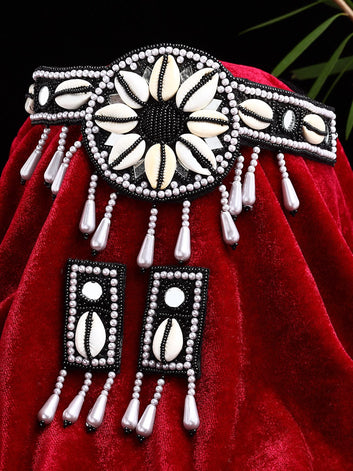 Black & White Cowri-Studded & Beaded Mirror Jewellery Set