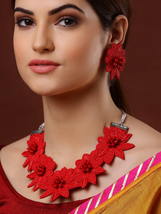 Handcrafted Red Floral Design Jewellery Set