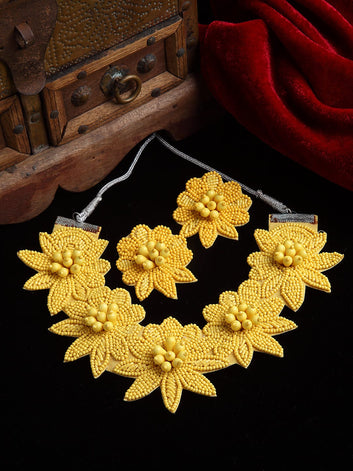 Yellow Beaded & Embroidered Floral Designed Handcrafted Jewellery Set