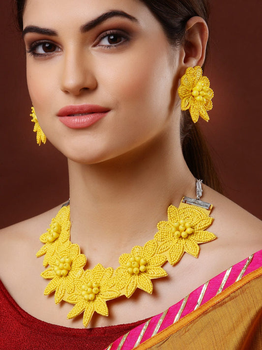 Yellow Beaded & Embroidered Floral Designed Handcrafted Jewellery Set