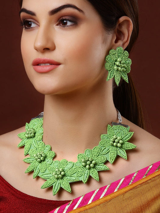 Green Beaded & Embroidered Floral Designed Handcrafted Jewellery Set