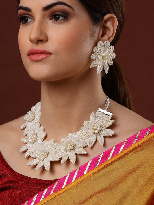 Off White Beaded & Embroidered Floral Designed Handcrafted Jewellery Set