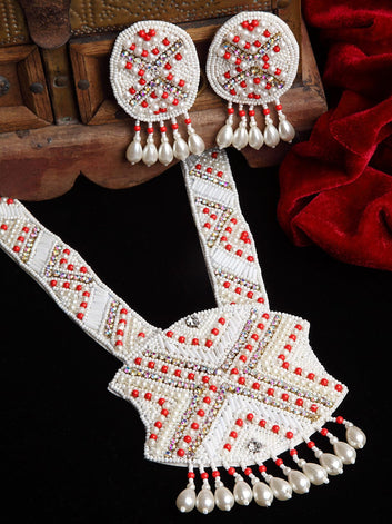 Red & Off White Crystals & Pearls Beaded Embroidered Handcrafted Jewellery Set