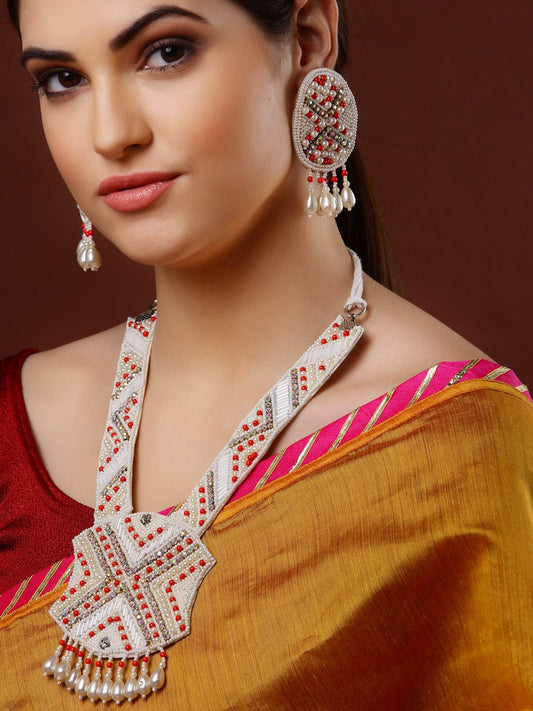 Red & Off White Crystals & Pearls Beaded Embroidered Handcrafted Jewellery Set