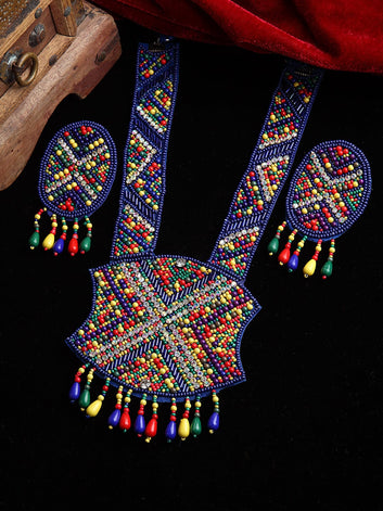 Multi Color Crystals & Pearls Beaded Embroidered Handcrafted Jewellery Set