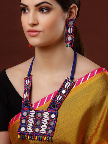 Blue & Pink Bead-Studded Handcrafted Jewellery Set