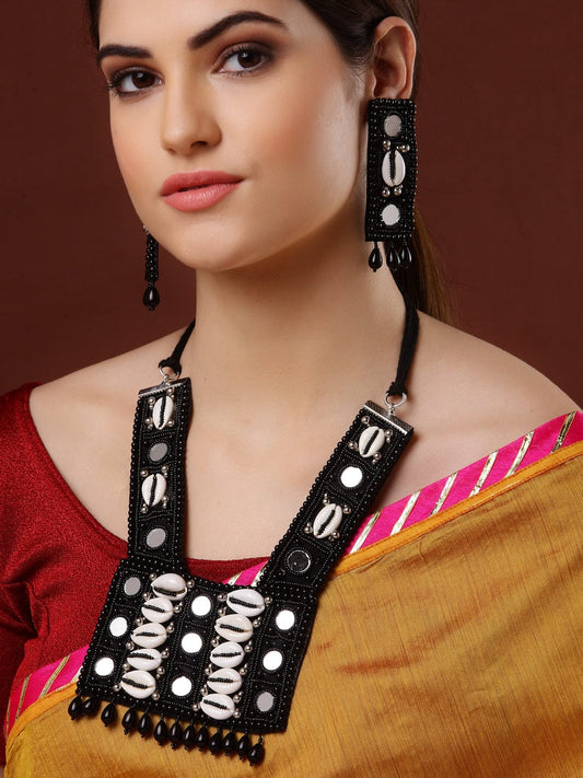 Black & White Cowri & Pearl Studded & Beaded Tasselled Mirror Handcrafted Jewellery Set