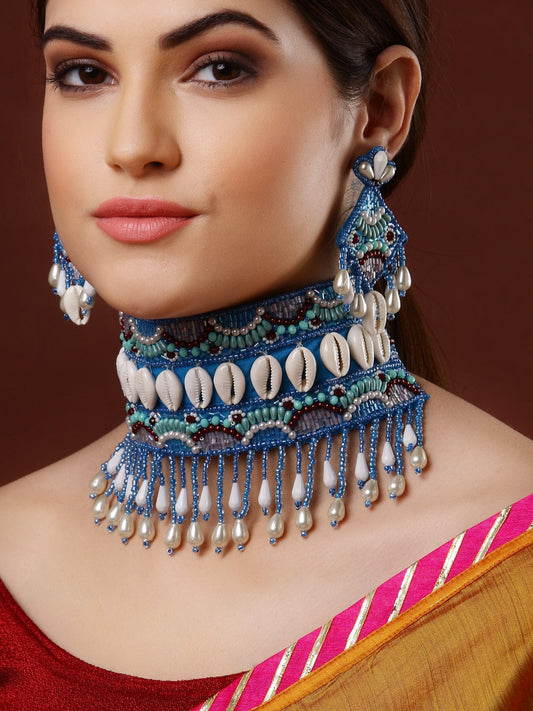 Blue Cowri & Pearls Studded Handcrafted Tasselled Jewellery Set