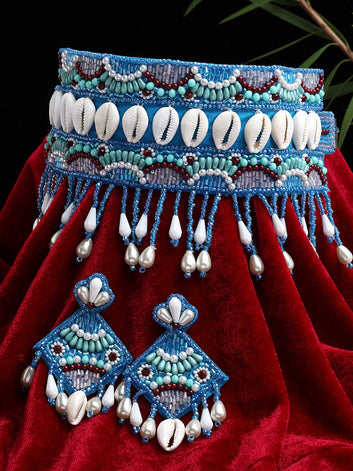 Blue Cowri & Pearls Studded Handcrafted Tasselled Jewellery Set