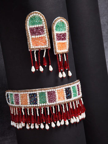 Multi Color Beads Pearls & Crystals Studded Tasseled Handcrafted Jewellery Set