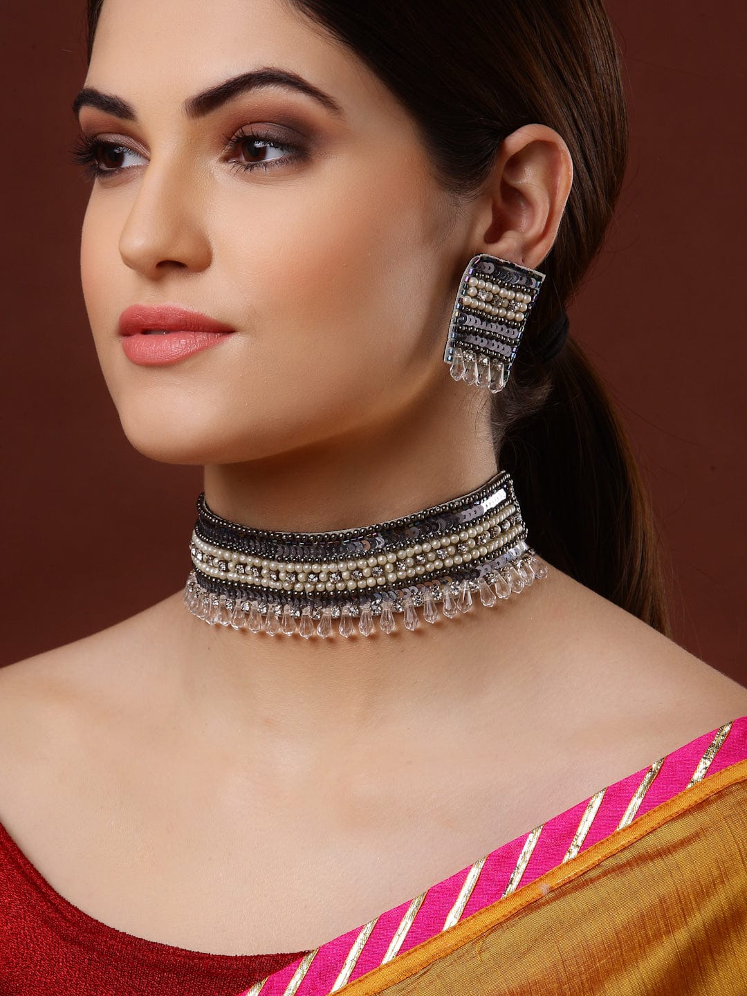 Off White Oxidised Brass Handcrafted Jewellery Set